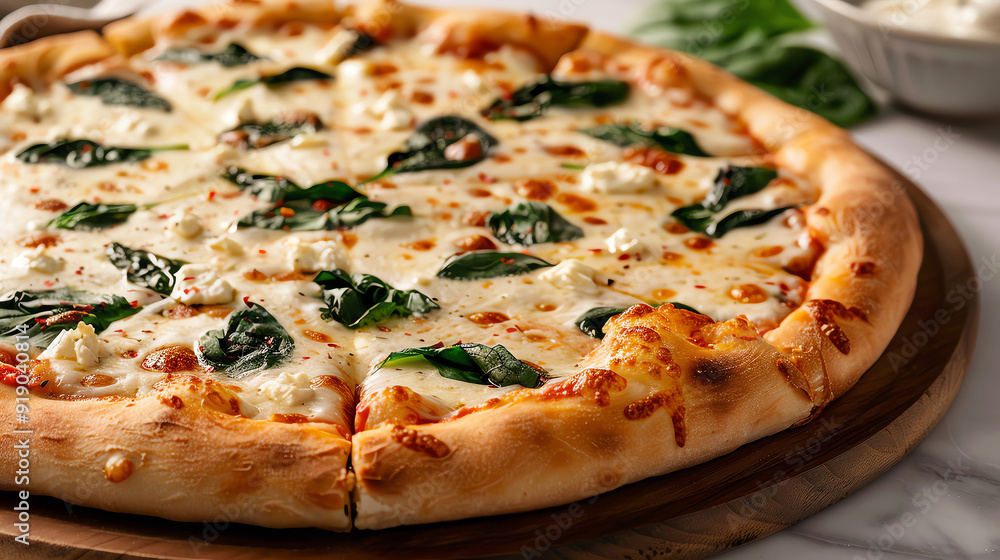 A white pizza with a creamy garlic sauce, spinach, and ricotta, A white pizza with a creamy garlic sauce, spinach, and ricotta,