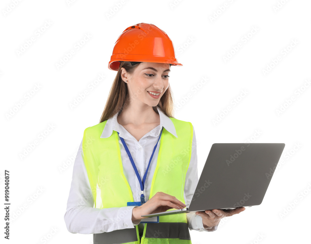 Engineer in hard hat with laptop on white background Engineer in hard hat with laptop on white background
