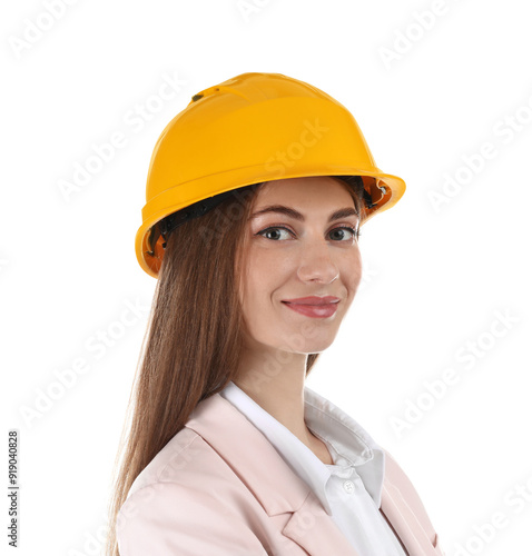 Engineer in hard hat on white background