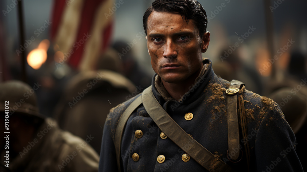 Fototapeta premium Civil war soldier . Greeting card for Veterans Day , Memorial Day, Independence Day . America celebration. 3d illustration
