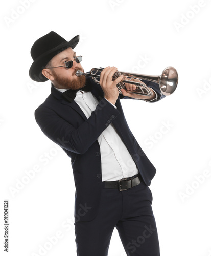 Handsome musician playing trumpet on white background