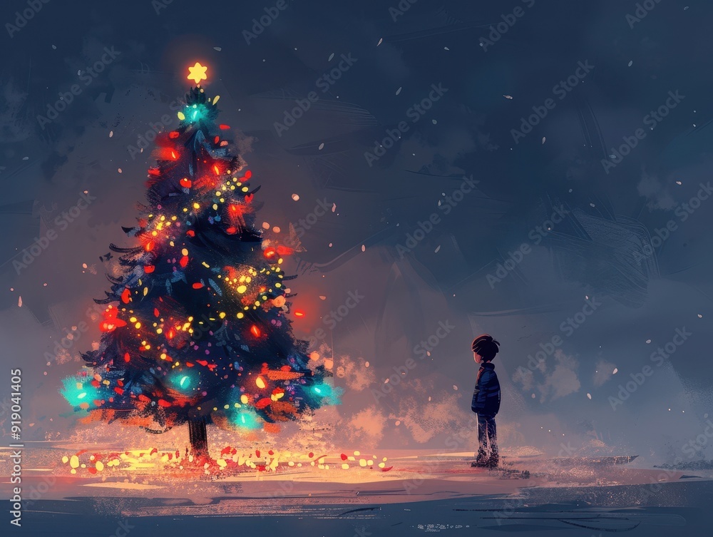 Bright Christmas Tree Illustration with Festive Lights and Copy Space for Greetings Card Design Bright Christmas Tree Illustration with Festive Lights and Copy Space for Greetings Card Design