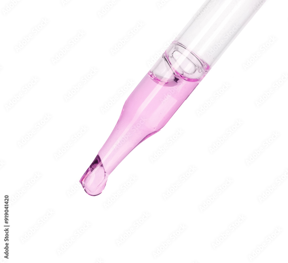Dropper with pink cosmetic oil on white background Dropper with pink cosmetic oil on white background