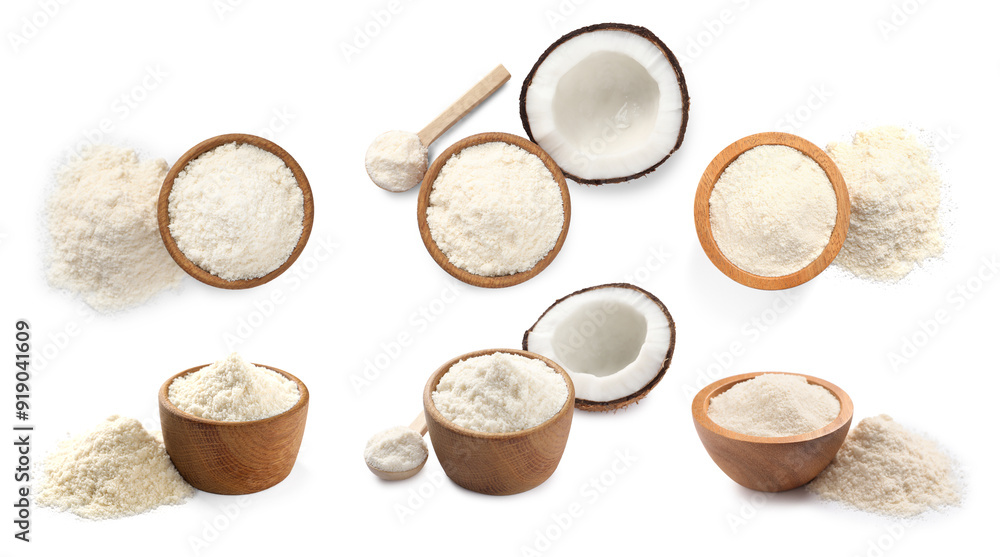 Collage with coconut flour isolated on white, top and side views Collage with coconut flour isolated on white, top and side views