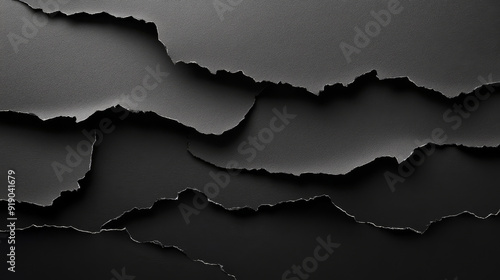 "Set of black ripped paper pieces with double torn edges, displayed against a black background."