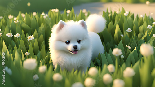 puppy in flowers grass