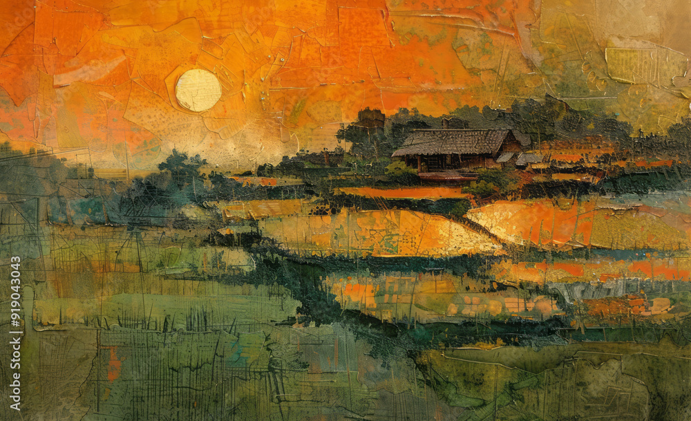 Rice fields are located in the countryside, in a textural and layered style, with vernacular architecture, light orange, and dark green. Rice fields are located in the countryside, in a textural and layered style, with vernacular architecture, light orange, and dark green.