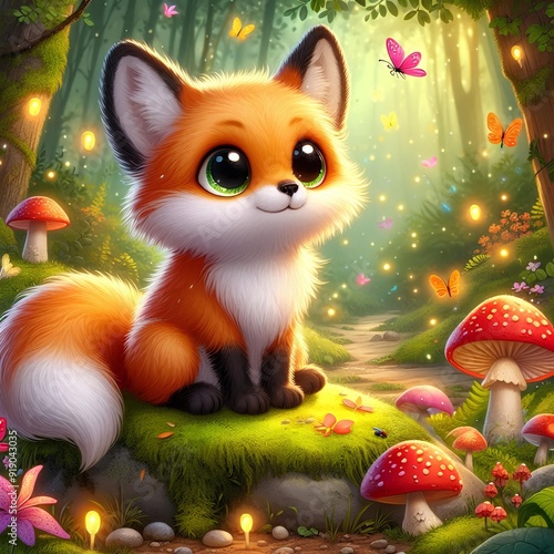 Cute fox in a fantastic forest.