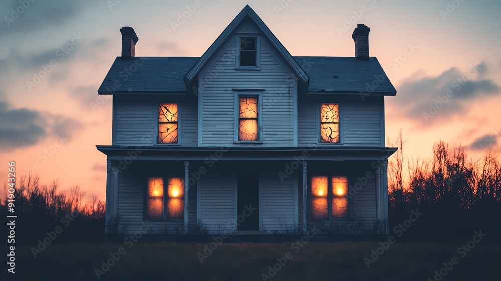Creepy old mansion with broken windows and ghostly lights Creepy old mansion with broken windows and ghostly lights