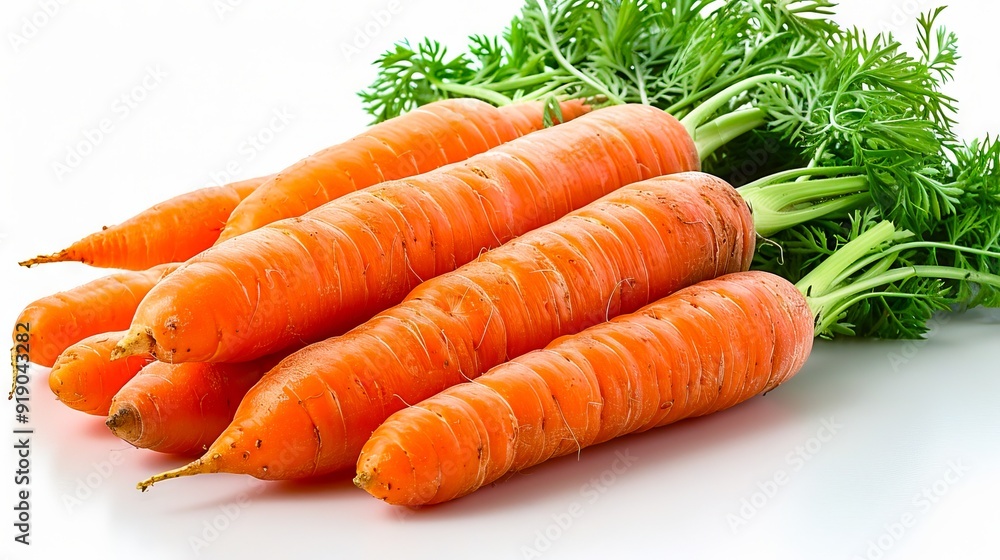 A bunch of carrots with green leaves on a white surface A bunch of carrots with green leaves on a white surface