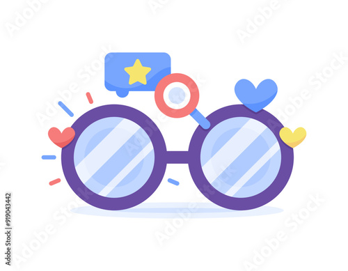 eyeglasses shop concept. quality optical shop. illustration of glasses with heart symbol, magnifying glass and star. flat style design. graphic elements