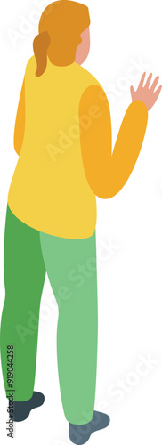 Woman standing with her back turned is raising her hand in greeting