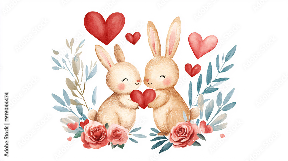 Obraz premium Two rabbits holding a heart in their paws. The image is a cute and romantic scene. The rabbits are surrounded by flowers, which adds to the overall feeling of love and affection.