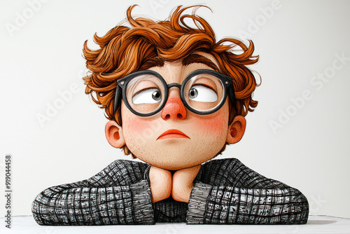 Thinking questioning dreaming planning cartoon character young adult man teen person portrait in 3d style design on white background. Human people feelings expression concept