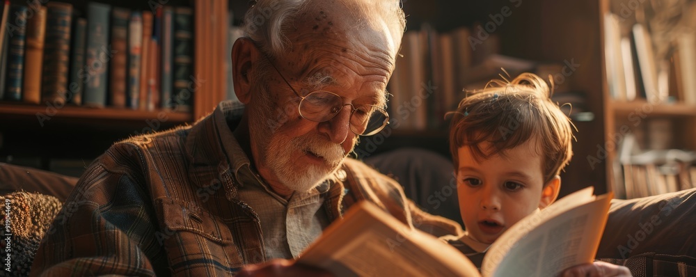 A senior guiding a child in reading, showcasing a strong multigenerational connection. A senior guiding a child in reading, showcasing a strong multigenerational connection.