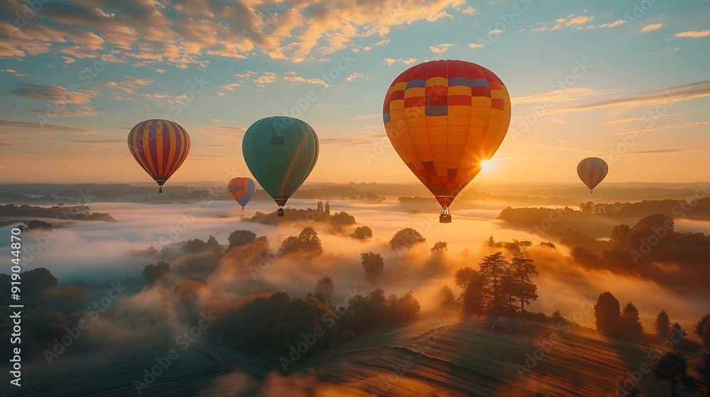 Colorful hot air balloons rising above a serene landscape at sunrise, vibrant colors reflecting in the morning light, misty fields below, golden hues of the sky, tranquil atmosphere, Colorful hot air balloons rising above a serene landscape at sunrise, vibrant colors reflecting in the morning light, misty fields below, golden hues of the sky, tranquil atmosphere,