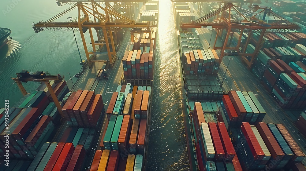 Container ship at a bustling port, cranes lifting containers, clear morning light, vibrant colors of stacked containers, detailed port infrastructure, workers in safety gear, dynamic and busy scene, Container ship at a bustling port, cranes lifting containers, clear morning light, vibrant colors of stacked containers, detailed port infrastructure, workers in safety gear, dynamic and busy scene,