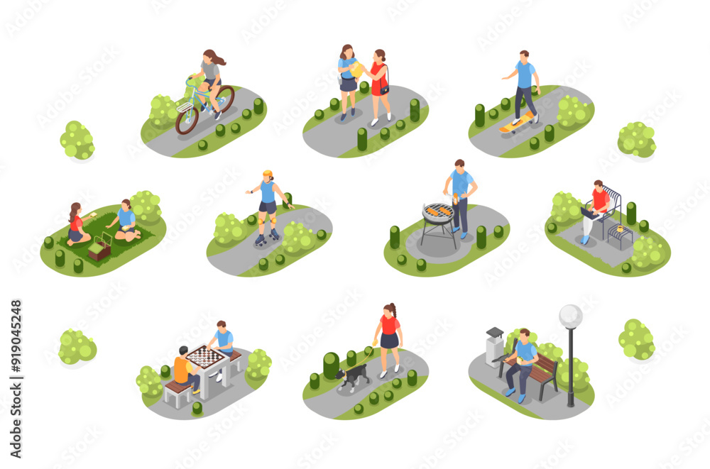 Fototapeta premium Isometric people walking in park. Friends eating on picnic, walk and play chess. Outdoor summer activities, bbq and work on bench, flawless vector scenes