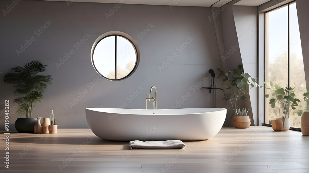 Interior bathroom with gray walls, a loft window, a hardwood floor, and a white bathtub with a towel draped over it. a prototype Artificial Intelligence Interior bathroom with gray walls, a loft window, a hardwood floor, and a white bathtub with a towel draped over it. a prototype Artificial Intelligence