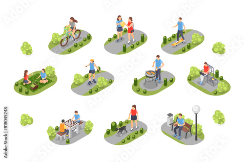 Isometric people walking in park. Friends eating on picnic, walk and play chess. Outdoor summer activities, bbq and work on bench, flawless vector scenes