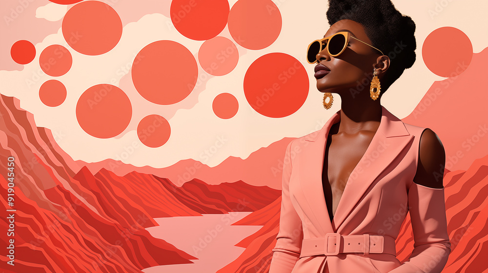 Fashionable black african woman wearing sunglasses and a pink suit is posing in front of a surreal red desert landscape with floating circles Fashionable black african woman wearing sunglasses and a pink suit is posing in front of a surreal red desert landscape with floating circles