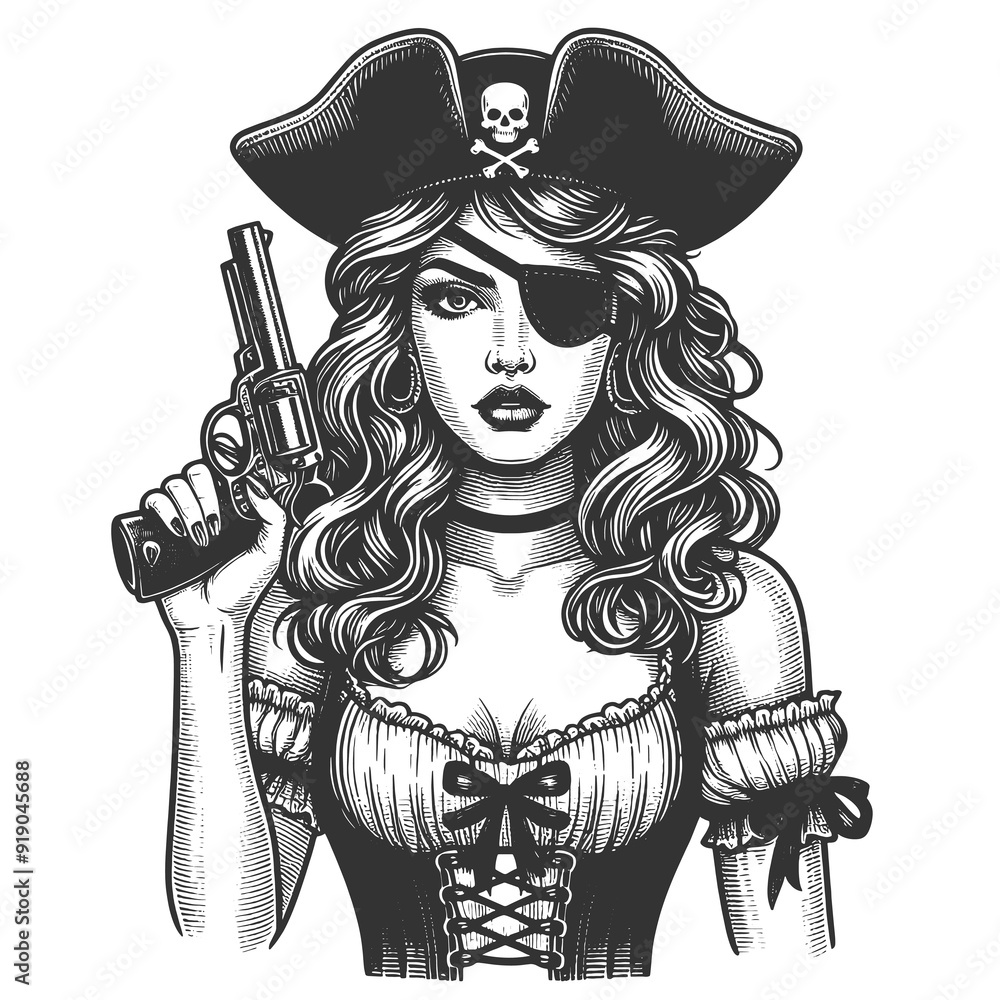 Fototapeta premium pirate woman with an eye patch and pistol, bold, adventurous spirit of piracy sketch engraving generative ai fictional character raster illustration. Scratch board imitation. Black and white image.