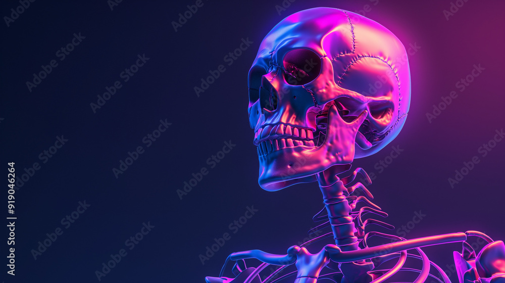 Skeleton illuminated by vibrant neon purple and blue lights Skeleton illuminated by vibrant neon purple and blue lights