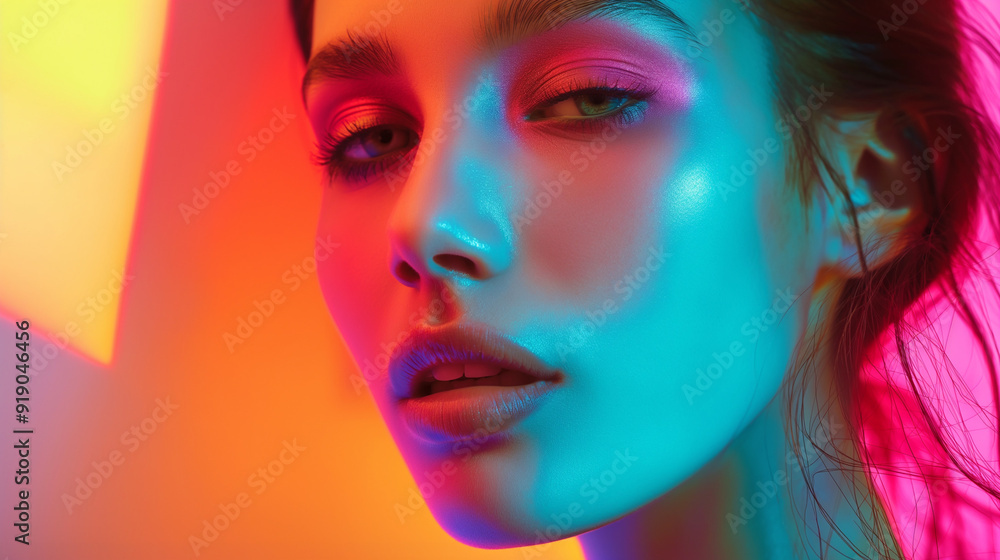 Fototapeta premium Woman's face under pink and blue neon lighting
