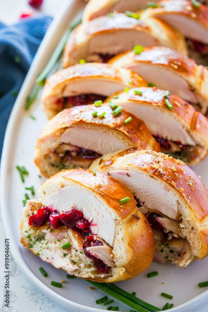 Close-up image of sliced meat roll filled with berry stuffing and baked in golden pastry. The dish is garnished with fresh chives, showcasing an appetizing presentation perfect for holiday meals