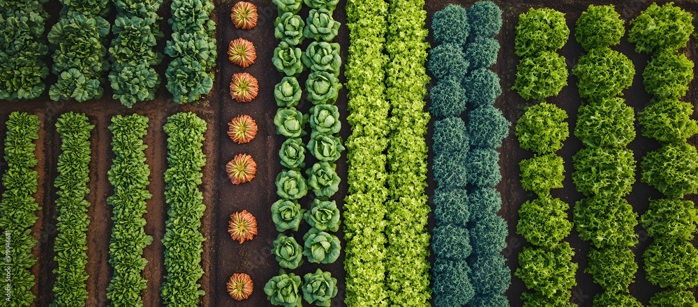 Aerial view of vegetable fields in different shapes and sizes, growing organic vegetables such as lettuce, tomatoes, and fruits, with crops arranged neatly together. Aerial view of vegetable fields in different shapes and sizes, growing organic vegetables such as lettuce, tomatoes, and fruits, with crops arranged neatly together.