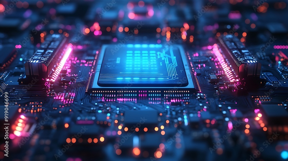 Close-up of a glowing computer chip on a circuit board.