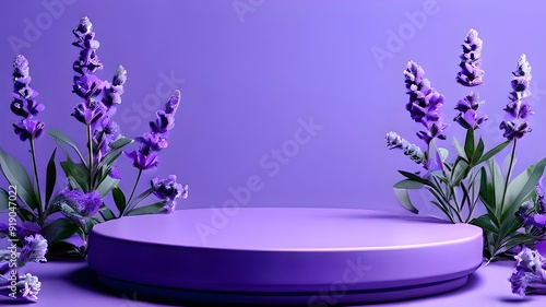 Lavender podium flower background purple product nature platform stand summer 3d table. Cosmetic podium lilac abstract field studio beauty flower spring lavender floral display plant. generative, a