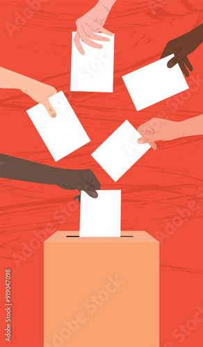 Election 2024 vertical banner. Human hand putting ballot into ballot box. Concept of politics, choice, freedom, democracy, human rights. 