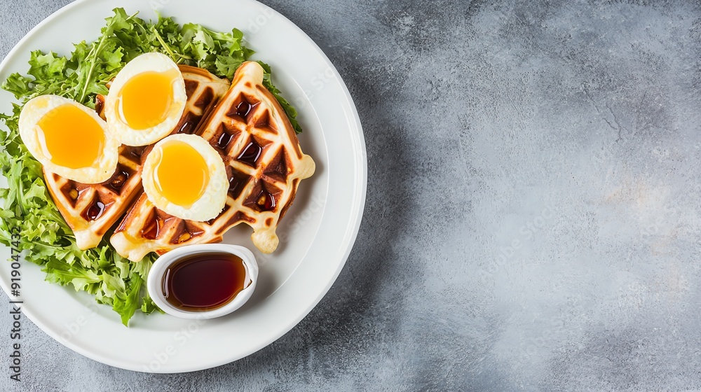 Eggs and waffles with a side of maple syrup Eggs and waffles with a side of maple syrup