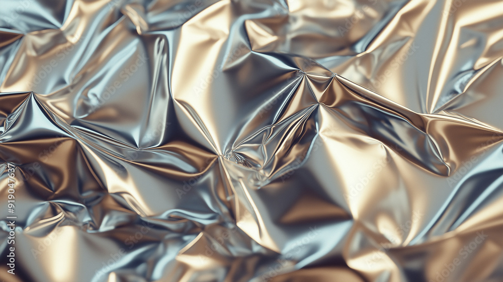 A close-up view of a crumpled, metallic surface. The surface exhibits a myriad of wrinkles, folds, and creases, creating a complex and intricate pattern A close-up view of a crumpled, metallic surface. The surface exhibits a myriad of wrinkles, folds, and creases, creating a complex and intricate pattern