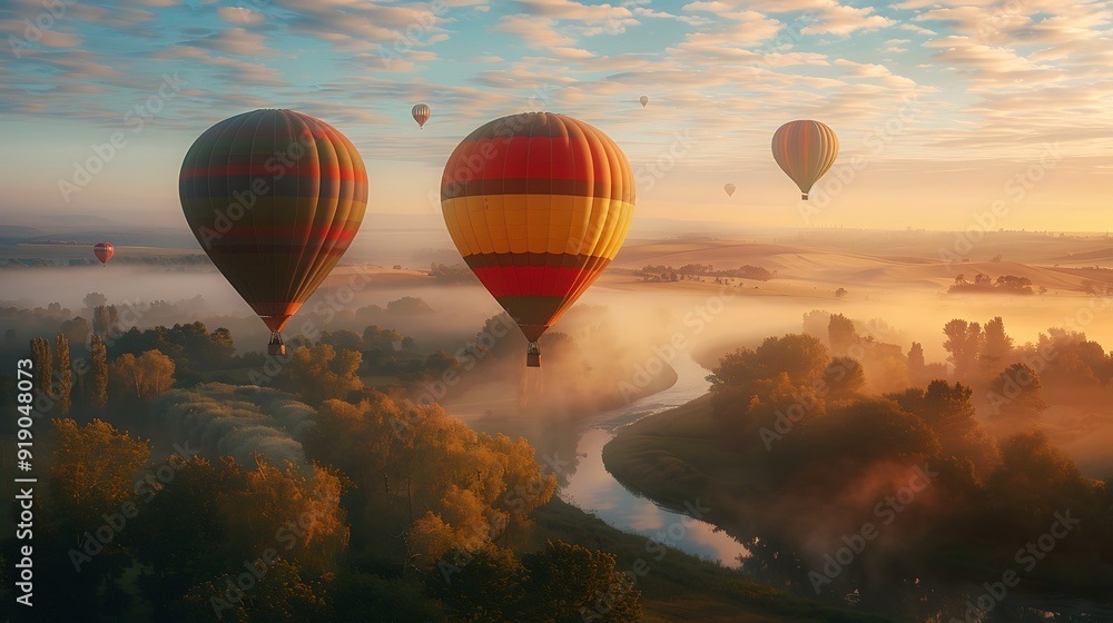 Fototapeta premium Hot air balloons in various colors rising at dawn, tranquil landscape with foggy fields and a winding river below, soft morning light, vibrant and serene scene,