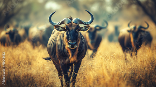 wild wildebeest in grass field with herd on blur background 
