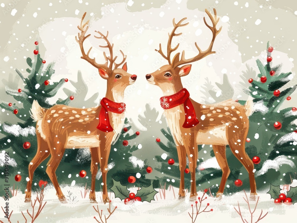 Festive Merry Christmas Scene with Reindeer and Message Board Illustration for Cheerful Holiday Greetings Festive Merry Christmas Scene with Reindeer and Message Board Illustration for Cheerful Holiday Greetings