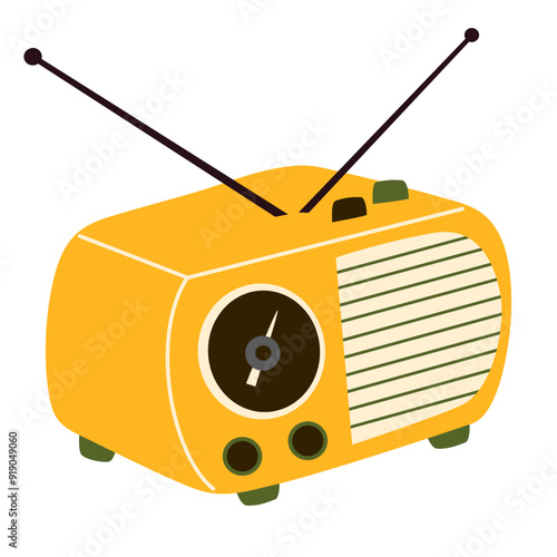 Retro radio receiver in 50s and 60s style. Old-school music station with loudspeaker. Small vintage audio equipment. 1960s technology. Flat vector illustration isolated on white background