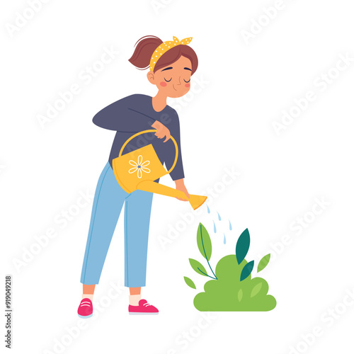 Ecology with Woman Character Watering Plant Save Planet Vector Illustration