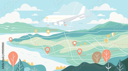 Airplane flying over scenic landscape with map pointers and dashed path lines, symbolizing travel, adventure, and journey planning in a minimalist vector illustration - ideal for tourism, navigation, 