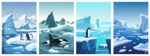 Arctic ice landscape posters set. Cold water, broken ice floting on foreground. Pinguins in a group orca swimming. North nature background beauty. Flat cartoon vector minimalism style