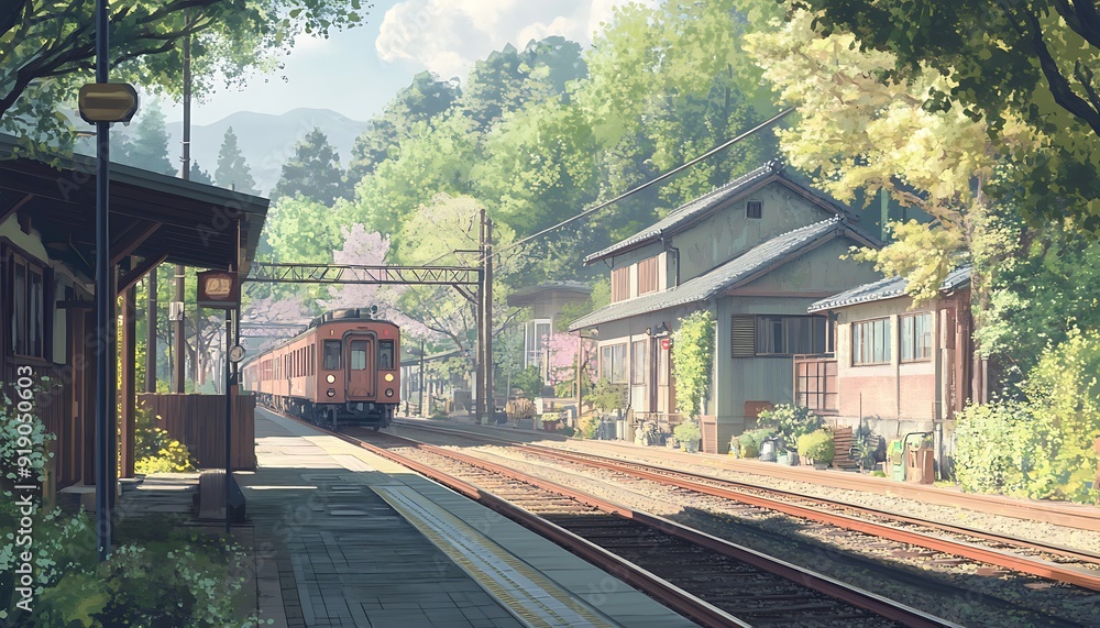 Tranquil Train Station in a Lush Green Setting Tranquil Train Station in a Lush Green Setting
