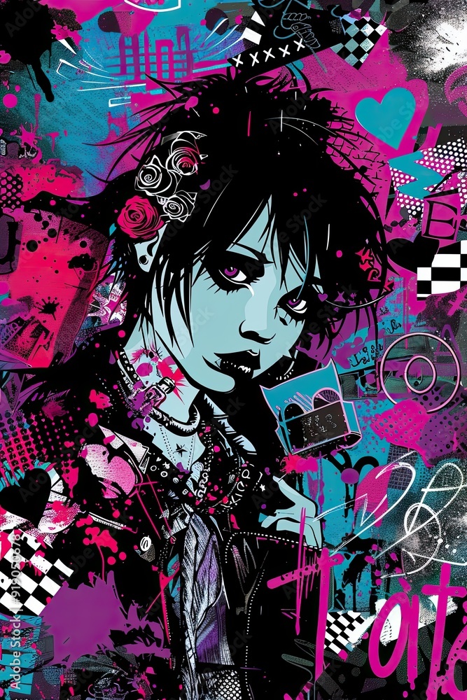Emo Collage. A vibrant digital collage in an emo style, featuring a character with dark makeup, roses and neon accents. The chaotic design embodies rebellious spirit of the subculture. AI Generated Emo Collage. A vibrant digital collage in an emo style, featuring a character with dark makeup, roses and neon accents. The chaotic design embodies rebellious spirit of the subculture. AI Generated