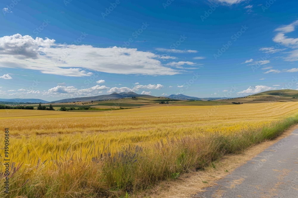 Obraz premium Endless Golden Wheat Field Under a Clear Blue Sky - Agricultural Splendor. Beautiful simple AI generated image in 4K, unique.
