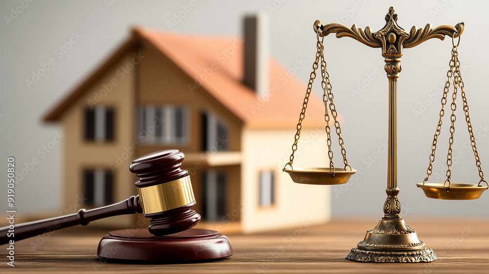 The house, next to which the judge's gavel lies, is placed the scales of justice. This arrangement illustrates the concept of real estate law The house, next to which the judge's gavel lies, is placed the scales of justice. This arrangement illustrates the concept of real estate law
