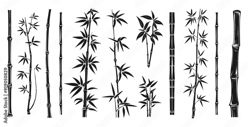 Obraz premium Bamboo black monochrome vector icons set. Bamboo stick parts and section of branches and leaves tree trunk. Isolated vector clipart collection on white background