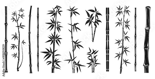 Bamboo black monochrome vector icons set. Bamboo stick parts and section of branches and leaves tree trunk. Isolated vector clipart collection on white background
