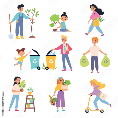 Ecology with People Character Save Planet Vector Set