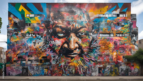 A vibrant urban wall covered in graffiti art, showcasing street culture and creativity. 